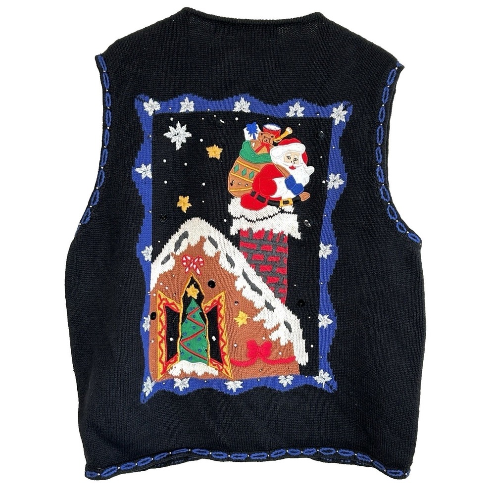 Segue Christmas Knit Vest XL Holiday Santa Embroidered Beaded Zip‎ Metallic